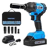 WISETOOL Cordless Impact Wrench,1/2 inch Electric Impact Wrench,Brushless Power Impact Wrench Set for Car Tires,Max Torque 260 ft-lbs,2.0A Li-ion Battery