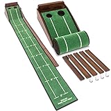 GoSports Pure Putt Golf 9 ft Putting Green Ramp - Premium Wood Training Aid for Home & Office Putting Practice - Includes 4 Golf Balls - Brown