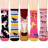 Jeasona Girls Socks Horse Gifts for Girls Cute Funny Crazy Horse Socks 5 Pairs (6-8 Years, Multicolored Horse)