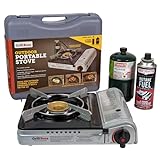 Grill Boss 90057 Dual Fuel Camp Stove | Works with both Butane and Propane | Perfect for Camping & Hiking | Emergency Cooking Stove | Single Burner 12k BTU Output