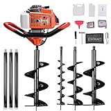 72CC Auger Post Hole Digger, 3KW 2 Stroke Gas Powered Earth Post Hole Digger with 3 Auger Drill Bits(4' & 8' & 12') + 3 Extension Rods for Farm Garden Plant