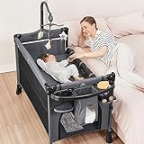 ANGELBLISS 5 in 1 Baby Bassinet Bedside Crib, Rocking Bassinet with Diaper Changer, Pack and Play Bassinet, Folding Playpen Portable Playard with Hanging Toys, Sheet& Mattress (Grey)