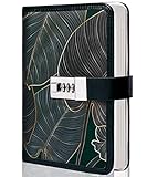 CAGIE Journal with Lock Combination Digital 224 Pages Lockable Secrets Diary, Printed Leaves Design Locking Journal for Adults, 5.1 x 7.4 Inch, Green
