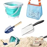 OKGD 4 Pack Beach Toy Mesh Shovel and Mesh Beach Bag Seashell Bag with Foldable Beach Bucket & Shovel for Shells Collecting,Sand Sifter Kids Filter Sand Scooper