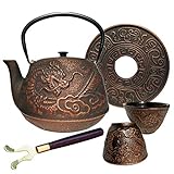 40 oz Japanese Cast Iron Teapot Maker Cup Set Tea Kettle Tetsubin with Infuser and Trivet, Dragon Fly