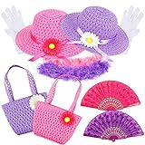 Girls Tea Party Set Includes 10 Pcs Hats Fan Tea Party Gloves Small Pink Purse Feather Boas Toy Tea Sets for Little Girls Kids Children Playtime Birthdays Easter Party Supplies Accessories