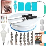 65PCs Cake Decorating Kit Baking Supplies Tools with Non-Slip Cake Turntable-Cake leveler- 24 Numbered Icing Piping Tips, Pattern Chart & EBook- Straight & Angled Spatula-30 Piping Bags- 3 Scraper Set