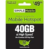 SIMPLE Mobile $49.99 Hotspot Data Plan, 40GB / 30-Days [Physical Delivery] (Hotspot Devices Only)