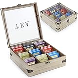MOLIGOU Wood Tea Box Organizer, Tea Storage Chest with Glass Lid, 9 Compartments, Tea Bag Holder for Cabinet, Pantry