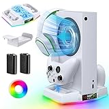 MENEEA RGB Cooling Stand & Charging Station for Xbox Series S with RGB Light, Cooler Fan & Fast Charger Accessories with 2 * 1400mAh Rechargeable Batteries, Headphone Hook [ NOT Xbox One S]