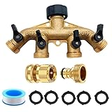 RuoFeng 4 Way Brass Garden Hose Splitter and 3/4' Water Hose Quick Connector,Hose Spigot Adapter 4 Valves with 5 Extra Rubber Washers and 1 waterproof sealing tape (Golden)