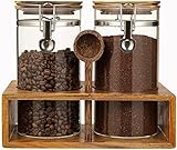 Yangbaga Glass Coffee Containers with Shelf, 2 x 45OZ Coffee Bean Canister Storage Station Organizer with Airtight Locking Clamp and Log Coffee Scoop, Large Capacity Food Storage Jar for Kitchen
