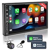 7 Inch Double Din Car Stereo with Wireless CarPlay & Wireless Android Auto,Car Radio Touchscreen with Bluetooth,Live Rearview Camera,Type C Fast Charge,Airplay,USB/SWC/AUX,AM/FM Car Radio