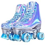JajaHoho Roller Skates for Women, Holographic High Top Faux Leather Rollerskates, Shiny Double-row four colour mixture wheels Quad Skates for Girls and Age 8-51 Indoor Outdoor (Very Peri Blue, Size 9)