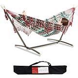 PNAEUT Double Hammock with Space Saving Steel Stand Included 2 Person Christmas Decoration Heavy Duty Outside Garden Yard Outdoor 450lb Capacity Standing Hammocks Jacquard Tassel (Christmas Elk)