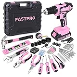 FASTPRO 177-Piece 20V Pink Cordless Lithium-ion Drill Driver and Home Tool Set, Lady's Home Repairing Tool Kit with Drill in Tool Storage Case