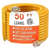 HUANCHAIN 50 ft 12/3 Gauge Heavy Duty Outdoor Extension Cord Waterproof with Lighted, Flexible Cold Weather 3 Prong Electric Cord Outside, 15A 1875W 125V 12AWG SJTW, Yellow, ETL Listed