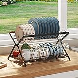 Iwaiting Outdoor Dish Drying Rack Collapsible, 2 Tier Dish Dryer Rack for More Space Saving, Durable Metal Foldable Dishrack with Cup Rack, Dish Racks for Kitchen Counter Black