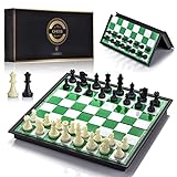 QuadPro Magnetic Travel Chess Set with Folding Chess Board & 2 Extra Queens & Convenience Bag, Educational Toys for Kids and Adults (Green & White)