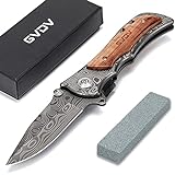 GVDV Pocket Folding Knife with 7Cr17 Stainless Steel, Tactical Knife for Camping Hunting Hiking, Safety Liner-Lock + Belt Clip, Wooden Handle, Father’s Day Gifts for Men Husband Dad