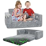 Kids Couch Toddler Chair Folding Extra Wide 2 in 1 Glow in The Dark Fold Out Flip Open Kids Sofa Baby Convertible Sofa to Lounger,Soft Comfy Glow Foldable Toddler Chairs Kids Girls Boys Couch Bed