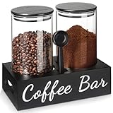 GMISUN Coffee Containers, 2Pcs 50oz Black Glass Coffee Bean Storage Canister with Airtight Lids, Sugar Coffee Container Sets with Shelf/Scoop/Label, Coffee Jar for Coffee Bar Ground Coffee/Sugar/Tea