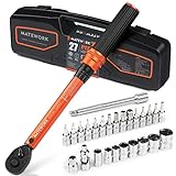 1/4 Inch Drive Click Torque Wrench, 27 PCS Bike Torque Wrench Set Double Scale (1-25Nm/8.9-221.3lb.in), 0.1Nm High Precision with Bit Sockets, 3/8 Adapter, Extension Bar, for Bicycle Maintenance