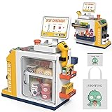 Cash Register Playset for Kids - 48PCS Pretend Play Money, Calculator, Scanner, Credit Card and Play Food for Boys and Girls Ages 3+ (668-125)