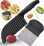 YukaBa Crinkle Potato Cutter 2.9' x 11.8' Stainless Steel Waves French Fries Slicer Handheld Chipper Chopper, Vegetable Salad Chopping Knife Home Kitchen Wavy Blade Cutting Tool, Black (2 Pack A)