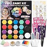 Face Paint Kit for Kids - 35 Stencils,19 Water Based Face Paint Colors, 3 Brushes, 2 Glitter, 2 Sticker, 2 Sponges, 2 Hair Chalks, Hypoallergenic Safe Non-Toxic, Ideal for Halloween Party Festivals