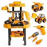 TOMLEON Toddler Workbench and Tool Set w/ 2 Take Apart Trucks - 2 in 1 Construction Toy and Work Bench with Toy Power Tools, DIY Electric Drill, Nuts and Bolts - Gift for Boys and Girls Ages 2-5
