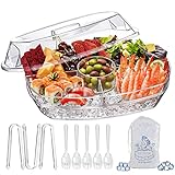 LIMOEASY Chilled Serving Tray, 15' Clear Plastic Party Platter with 4 Compartments, Ice Serving Bowl with Lid, Shrimp Cocktail Serving Dish, Cold Food Buffet Server for Fruit, Veggie, Appetizer, Sushi