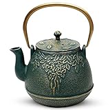 TOPTIER Japanese Cast Iron Tea Kettle with Infuser, Leaf Design Teapot Stovetop Safe Coated with Enameled Interior for 32 Ounce (950 ml), Dark Green
