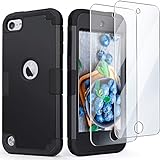 iPod Touch 7 Case with 2 Screen Protectors, iPod 6 Case, iPod 5 Case, IDweel 3 in 1 Hard PC Case + Silicone Shockproof for Kids Heavy Duty Hard Armor Case for 2019 iPod Touch 7th/6th/5th Gen, Black