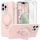 Liquid Silicone Designed for iPhone 14 Pro Case with Magnetic Stand [2X Tempered Screen Protectors + Full Body Camera Protection][Mil-Grade Drop Protection] Slim Shockproof Protective Cover, Pink