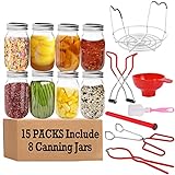 15Pack Canning Jars Starter Supplies Kit Set: 8 of 16oz Mason Jar with Lids Regular Mouth, Jar Lifter Funnel Stainless Steel Steam Pot Rack Tongs Bubble Popper Wrench Bulk Tools for Canner Beginner