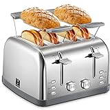 Toaster 4 Slice, Extra Wide Slots, Stainless Steel with High Lift Lever, Bagel and Muffin Function, Removal Crumb Tray, 7-Shade Settings with Warming Rack, Silver, Yabano