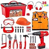 JOYIN 26Pcs Kid Tool Set, Pretend Play Toddler Tool Toy with Construction Worker Costume & Electronic Toy Drill in Storage Box for Boy Girl Halloween Birthday Dress Up Party