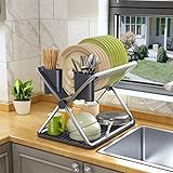 SAYZH Dish Drying Rack, Collapsible Aluminium Dish Racks for Kitchen Counter with 2 Utensil Holder, Folding Rustproof 2 Tier Dish Drainer Organizers Storage with Drainboard Set, Grey