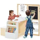 INFANS 3 in 1 Kids Art Table and Chair Set, Toddler Craft and Play Wood Activity Desk with Double-Sided Easel Blackboard Whiteboard, Paper Roll for Writing, Children Furniture for Daycare Nursery