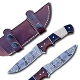 JNR Traders Handmade 4.5 Inch Damascus Fixed Blade Knife Full Tang, Damascus Hunting Knife, Skinning Knife with Horizontal Carry Leather Sheath 3763