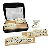 Dominoes Set for Adults with 4 Wooden Racks/Trays, Double Six Dominoes Travel Set with Portable Case Double 6 Dominoes Set with 4 Tiles Holders, 28 Tiles Dominos Set for Family Classic Board Games
