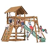 Creative Playthings Clayton Pack 4 Wooden Swing Set (Made in The USA) for Ages 2 to 12 yrs, with Kids Climbing Wall, Playground Swings and Slide, Picnic Table & Monkey Bars 18 x 16 x 11 ft