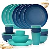 Dhnvcud 24-Piece Plates and Bowls Sets,Wheat Straw Dinnerware Sets for 8,Unbreakable Plastic Dinnerware Set,Reusable Plates,Bowls and Cups,Plastic Dishes Set for Kitchen,Outdoor Camping,RV