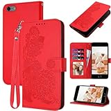 JHWVVTF for iPhone SE 2022 Case/iPhone SE Case,iPhone 8/7 Case,6/6S Phone Case Wallet Card Holder,Floral Leather Flip Cases Strap,Kickstand Magnetic Protective Cute Cover for Women Girl (Red)