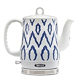 BELLA 1.2 Liter Electric Ceramic Tea Kettle with Detachable Base & Boil Dry Protection, Blue Aztec, Electric Tea Kettle with Automatic Shut Off & Detachable Swivel Base (13724)