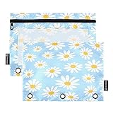 Kigai Blue Cute Daisy Binder Pencil Pouch 3 Ring,Zipper Pencil Case with Clear Window Pencil Pouch 2 Pack for School Classroom Office Organizers