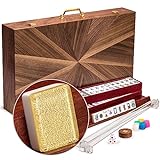 Yellow Mountain Imports American Mahjong Set, Golden Fortune with Inlaid Wooden Case - Four Wooden Racks, Acrylic Pushers, Wright Patterson Scoring Coins, Dice, & Wind Indicator