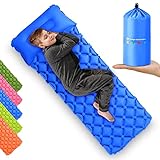 Kids Sleeping Pad for Camping and Sleepovers with Pillow, Inflatable Camping Mattress for Backpacking & Travel, Thick Toddler Cot Mat, Fast Inflating Camping Sleeping Pads for Kids (Blue)