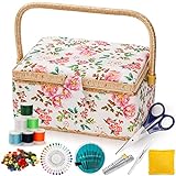 ZOOFOX Sewing Basket with Accessories, Wooden Sewing Kit Storage Box with Removable Tray, Vintage Sewing Kits Carrying Bag for Sewing Mending, Beginner, Professional, Floral Print